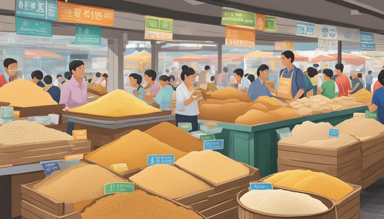 A colorful display of whole wheat flour bags in a bustling Singapore market, with informative signs highlighting the health benefits