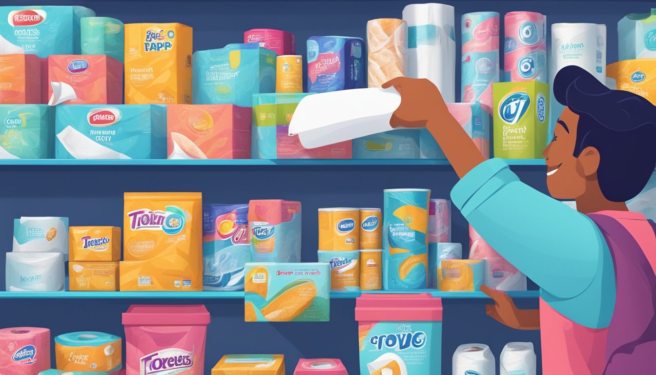 A hand reaches for a package of toilet paper on a shelf, surrounded by various brands and options. The packaging features bright colors and bold lettering
