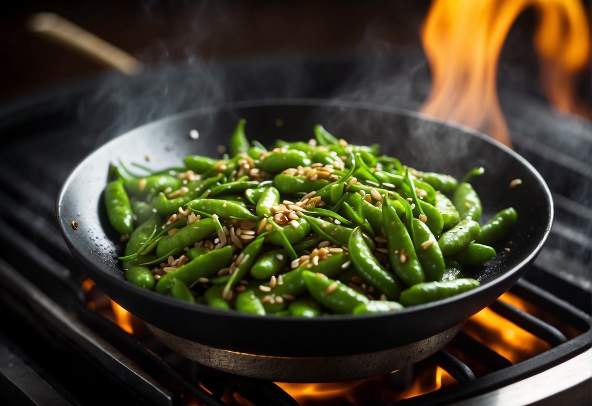 A wok sizzles as edamame pods are stir-fried with garlic, soy sauce, and sesame oil. Green pods glisten in the heat, emitting a savory aroma