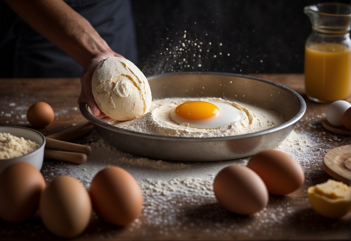 A hand mixing flour, sugar, and eggs in a bowl. A rolling pin flattening the dough. Biscuit shapes being cut out and arranged on a baking tray