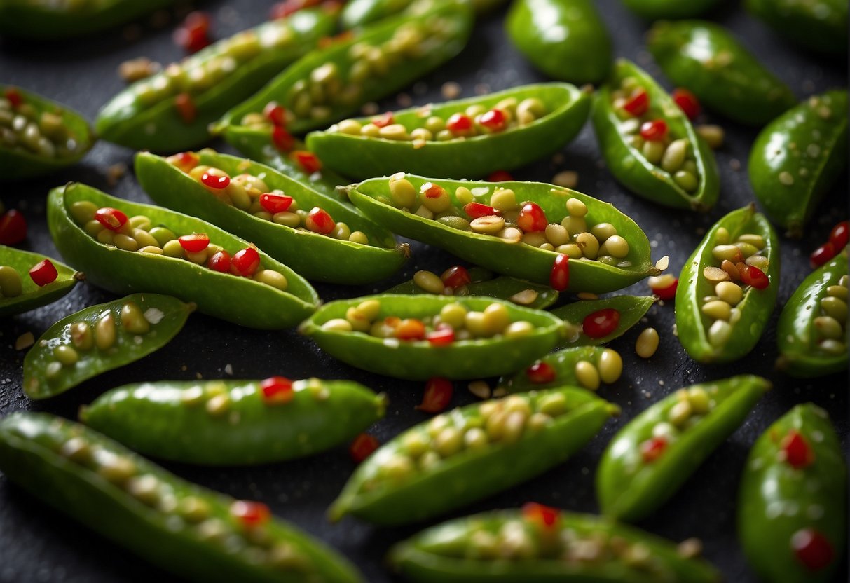 Fresh edamame pods are tossed in a fragrant mix of sesame oil, soy sauce, and garlic. Vibrant green pods are sprinkled with sesame seeds and red chili flakes for a spicy kick
