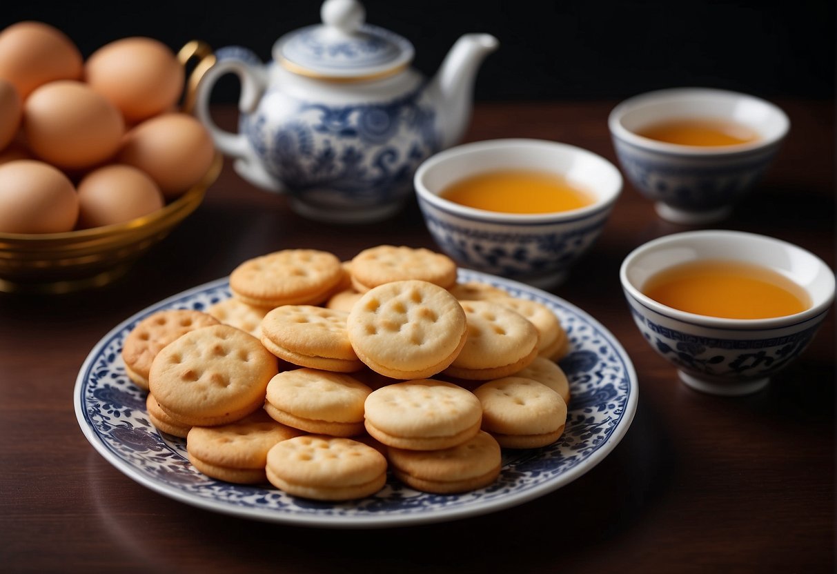 A table set with a variety of Chinese egg biscuits, arranged in a decorative pattern, with a teapot and cups in the background