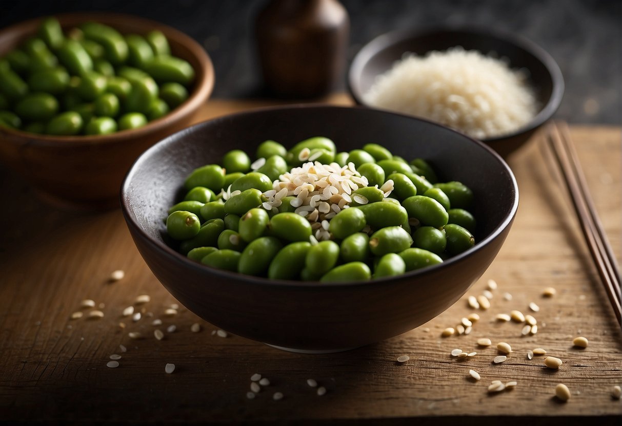 A bowl of steamed edamame sits on a wooden table, garnished with sesame seeds and sea salt. Chopsticks rest beside the bowl