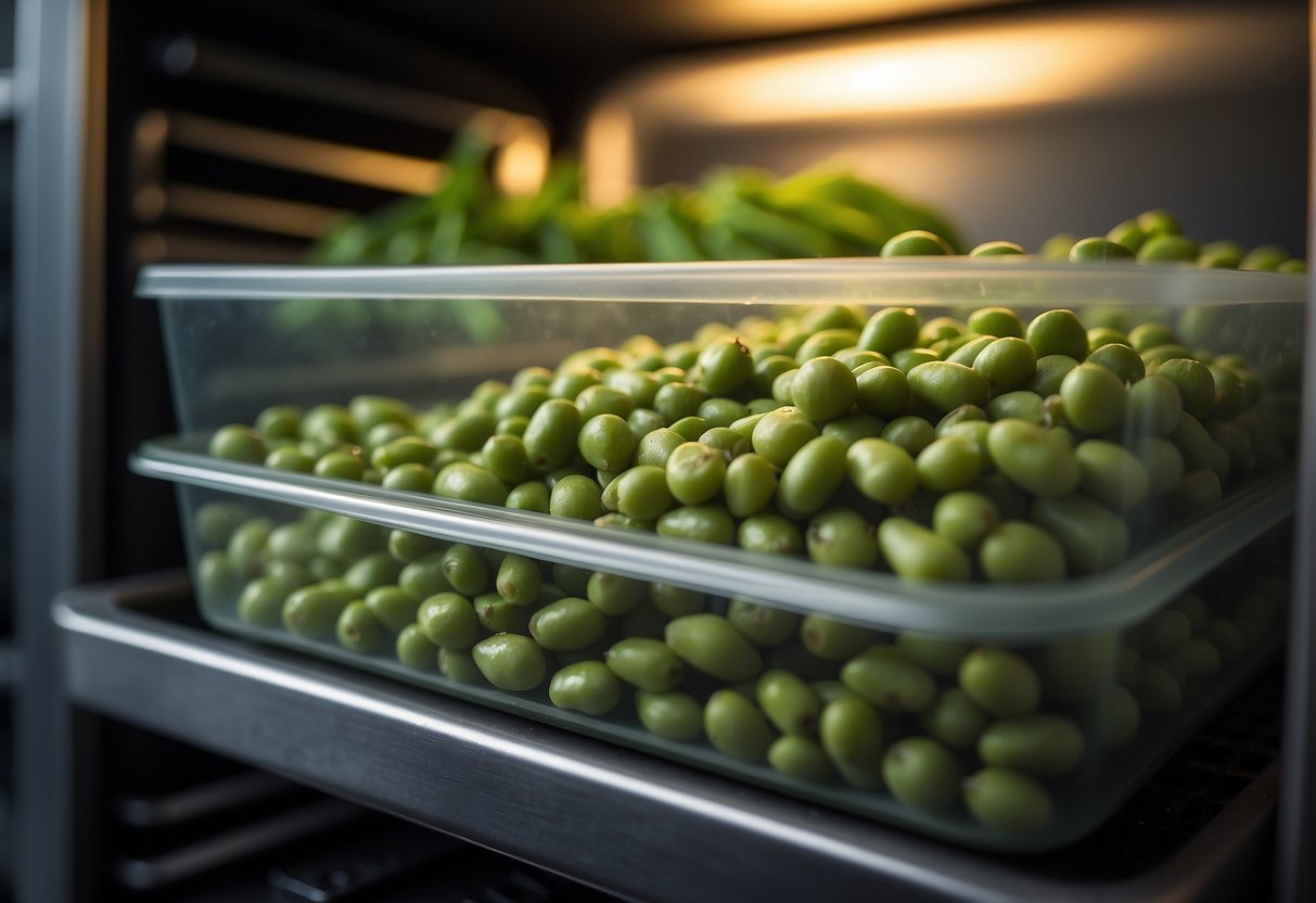 A container of cooked edamame sits in the refrigerator, ready to be reheated and enjoyed as a delicious leftover Chinese dish