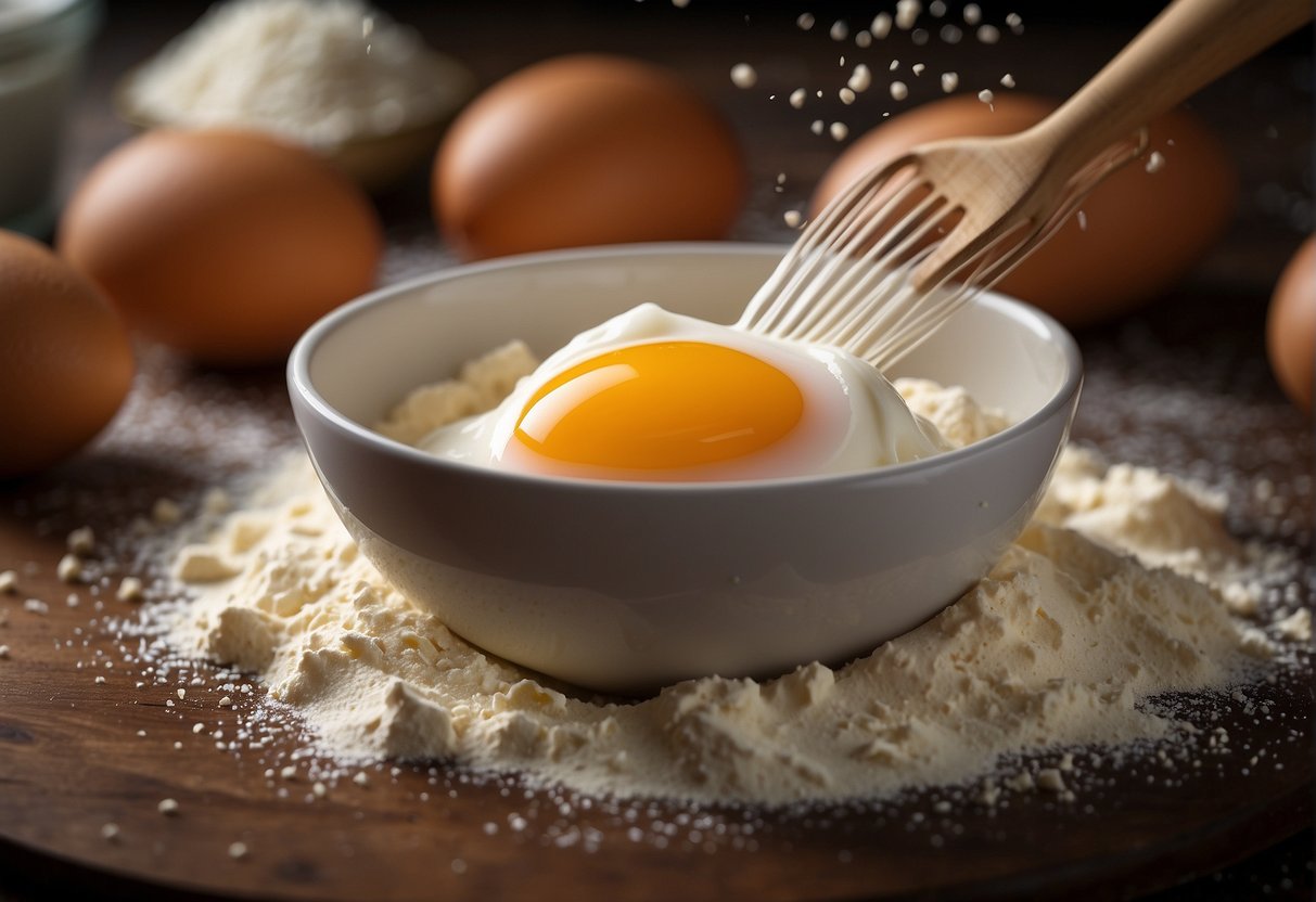 A bowl of flour, sugar, and eggs being mixed together with a whisk, creating a smooth and creamy batter