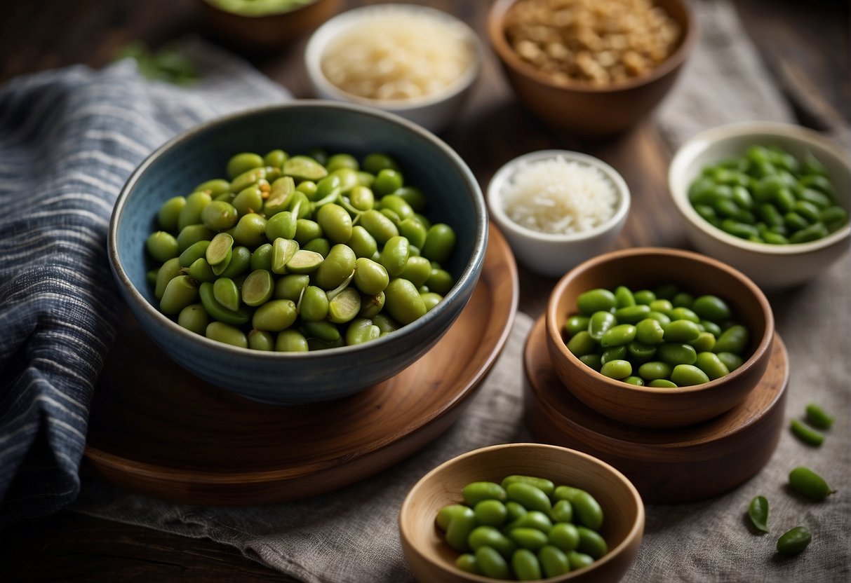 A bowl of steamed edamame surrounded by traditional Chinese ingredients and cooking utensils