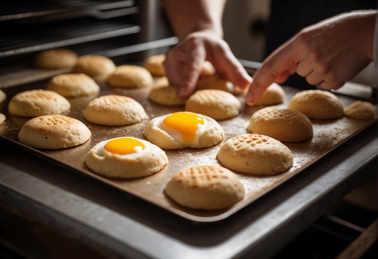 A pair of hands shaping dough into small rounds and placing them on a baking sheet. The oven door is open, revealing golden brown egg biscuits inside