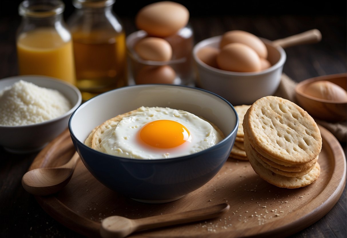 A table spread with ingredients: flour, eggs, sugar, and vanilla. A mixing bowl with a whisk, and a rolling pin next to a tray of freshly baked Chinese egg biscuits