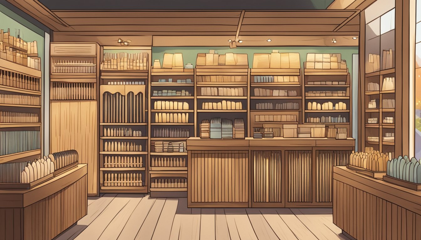 A cozy wooden comb shop in Singapore, with shelves full of beautifully crafted combs, soft lighting, and a friendly salesperson assisting customers