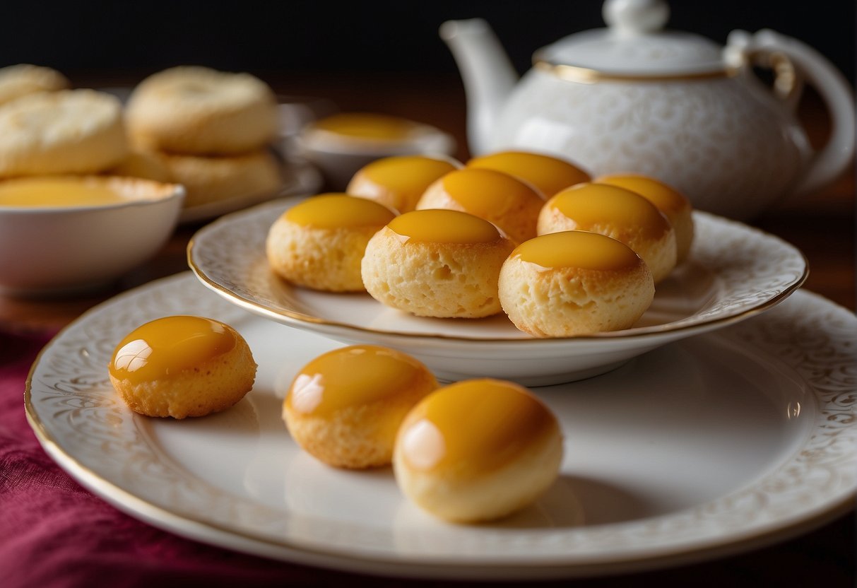 A hand reaches for a golden Chinese egg biscuit on a plate, surrounded by a teapot and cups. The biscuit is filled with a sweet egg custard, with a delicate flaky crust