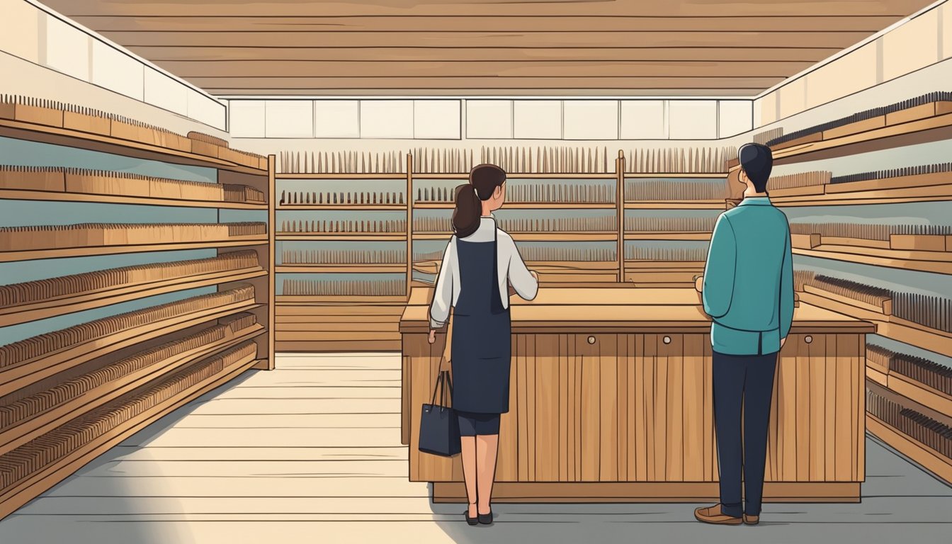 A bright, modern store with shelves of neatly displayed wooden combs. A friendly salesperson assists a customer, enhancing the shopping experience