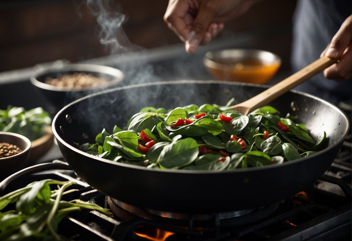 Malabar spinach leaves being stir-fried in a wok with garlic, ginger, and soy sauce