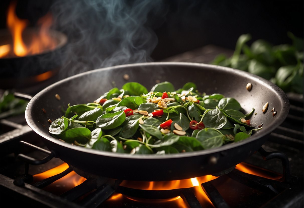 Malabar spinach leaves being stir-fried with garlic and soy sauce in a sizzling hot wok