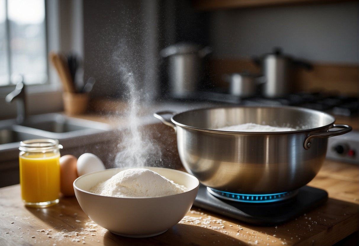 A mixing bowl filled with flour, sugar, and eggs. A whisk blends the ingredients together. A small pot sits on the stove, steaming