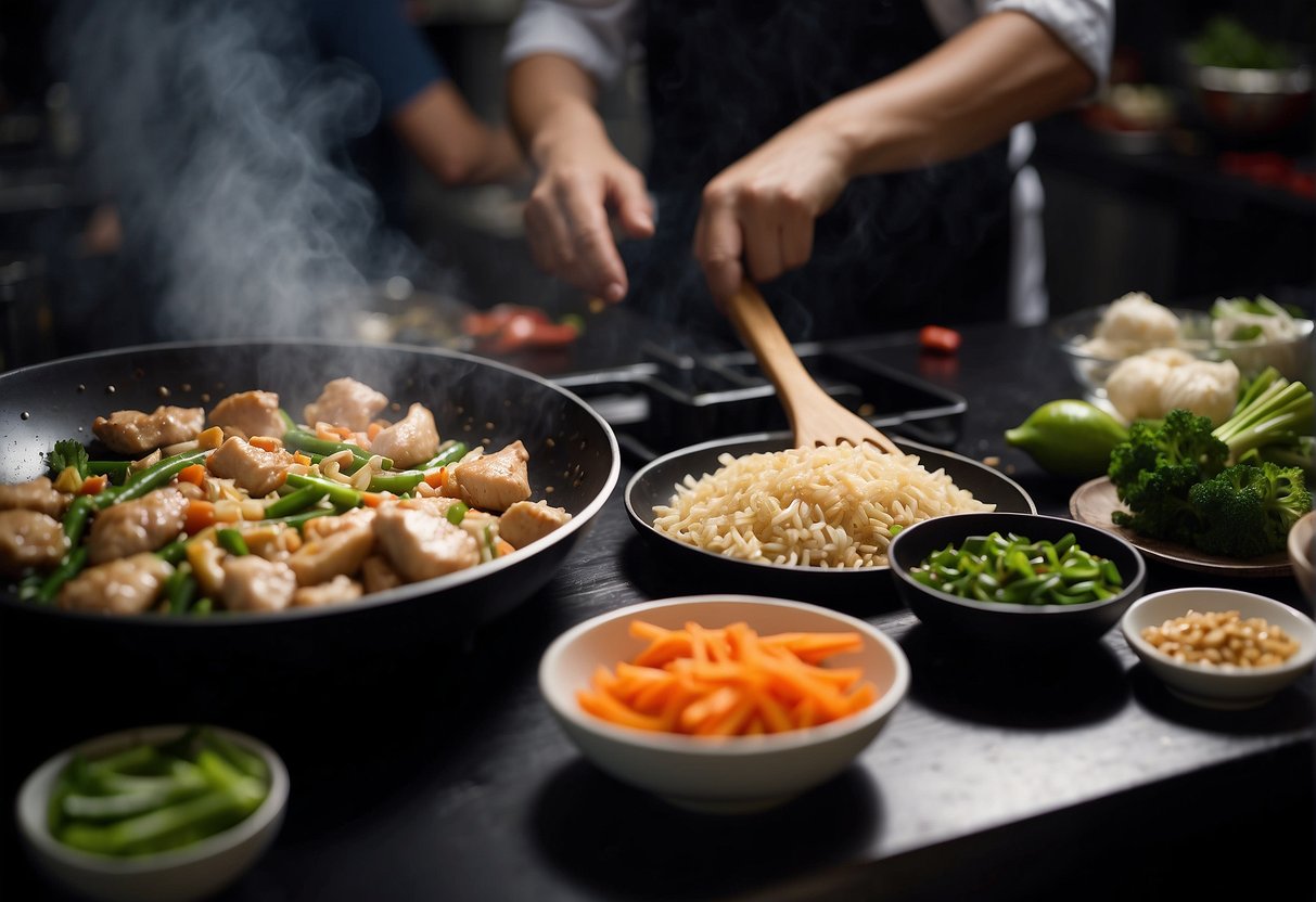 A table filled with ingredients like soy sauce, ginger, and garlic. A wok sizzling with marinated chicken pieces. A chef adding in vegetables and stir-frying