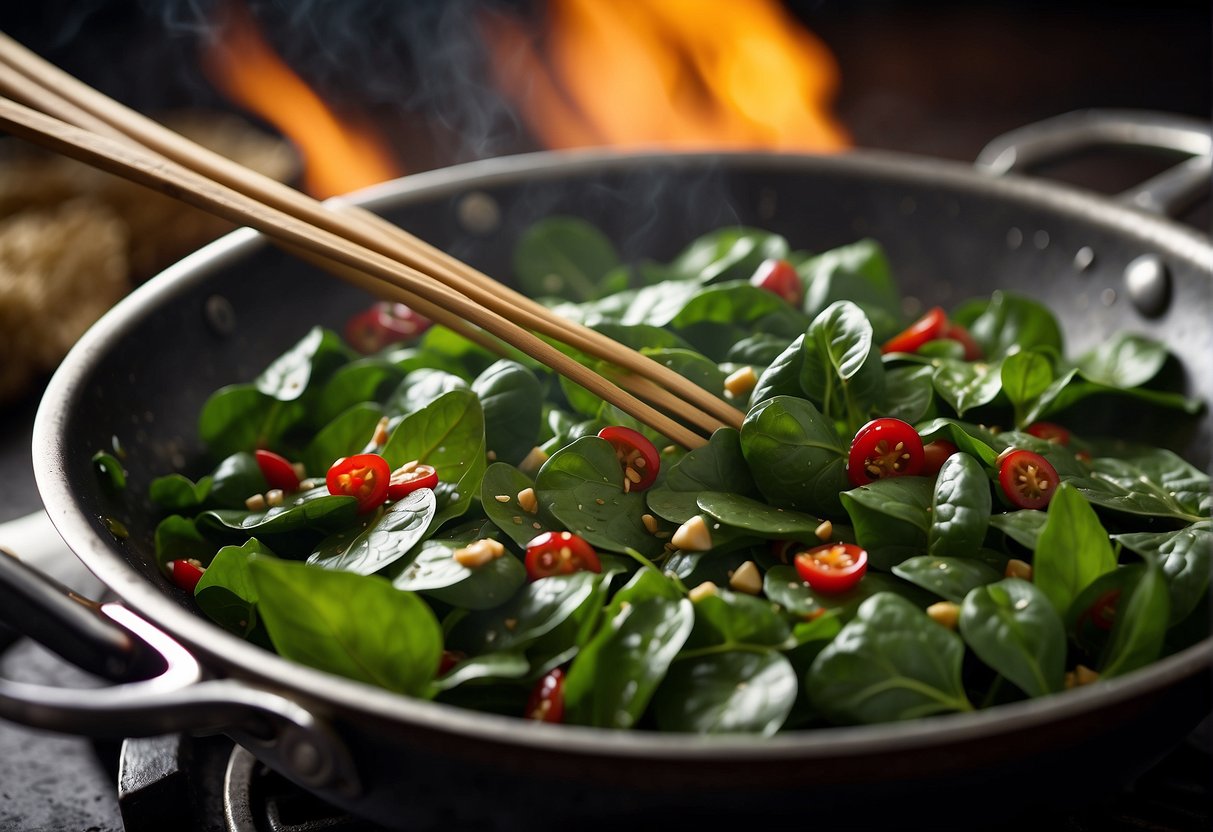 Malabar spinach leaves being stir-fried in a wok with garlic, ginger, and soy sauce, creating a sizzling and aromatic dish