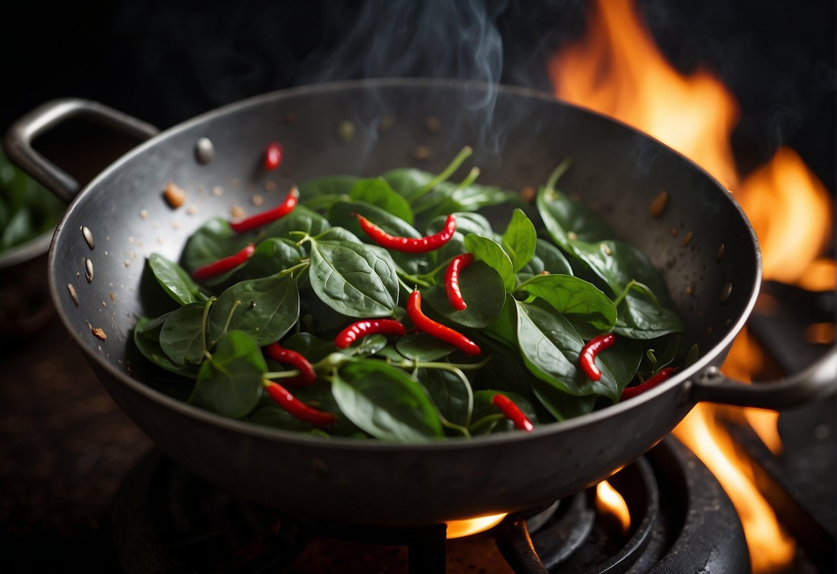 Malabar spinach leaves being mixed with Chinese ingredients in a wok over a hot flame
