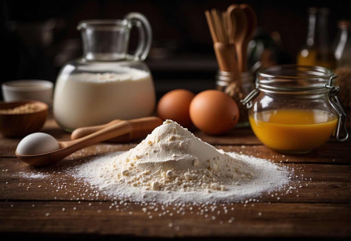 A table with ingredients: flour, eggs, sugar, and a mixing bowl. A whisk and measuring cups are nearby