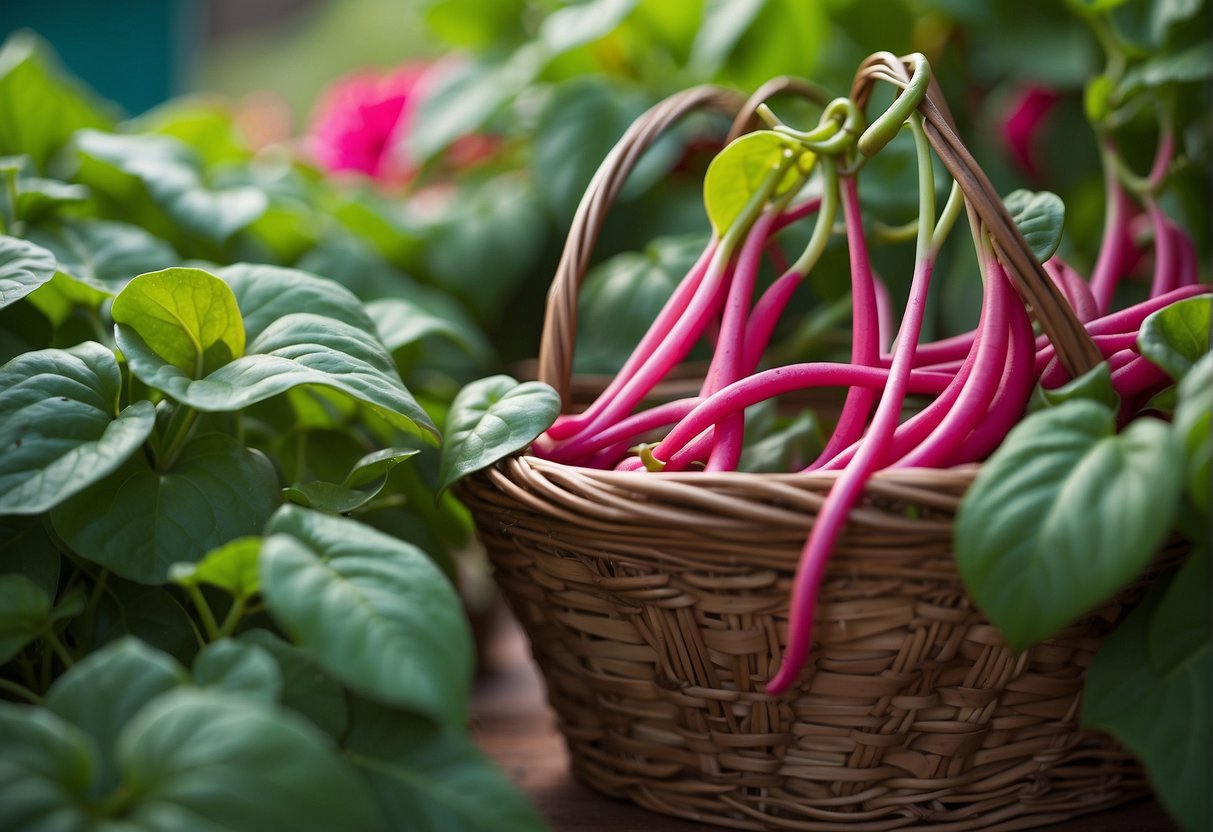 Lush green Malabar spinach vines climb a trellis, with vibrant pink stems and leaves. A pair of garden shears and a basket of freshly picked spinach sit nearby