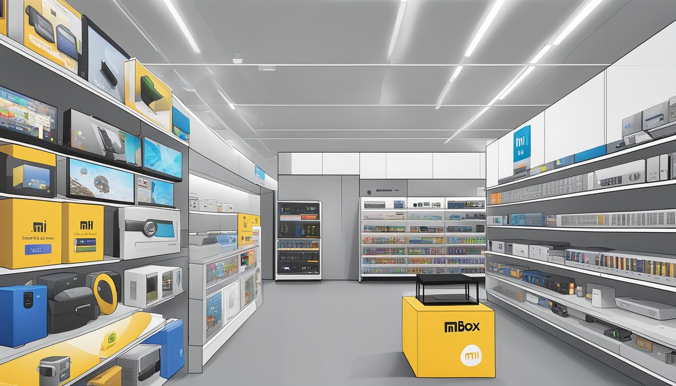 The Mi Box is displayed on a shelf in a modern electronics store in Singapore, surrounded by other tech gadgets. The packaging features the key features and specifications prominently