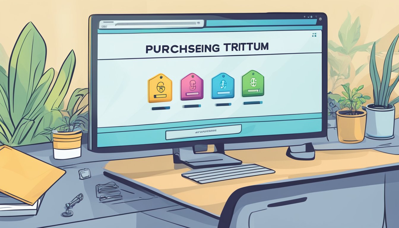 A computer screen displays a website with the title "Purchasing Tritium Online." A cursor hovers over the "buy tritium online" button