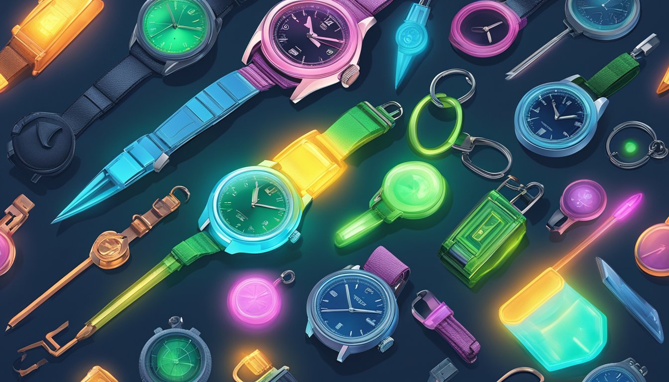 Everyday objects glow with tritium light. Items like keychains, watches, and compasses emit a soft, radiant glow, making them easy to find in the dark