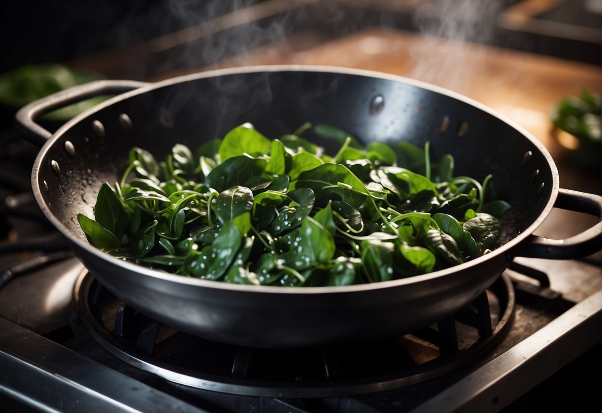 A wok sizzles with vibrant green Malabar spinach stir-frying in a fragrant Chinese sauce, steam rising as the dish comes together