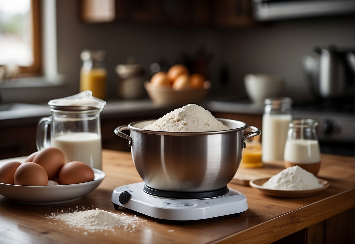 A mixing bowl with flour, sugar, eggs, and milk. A whisk and measuring cups on the counter. A preheated oven in the background