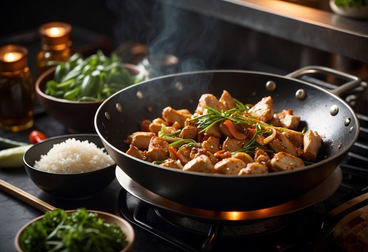 A wok sizzles with marinated chicken, ginger, garlic, and soy sauce. Fresh herbs and spices line the countertop. An open recipe book displays traditional Malaysian Chinese dishes