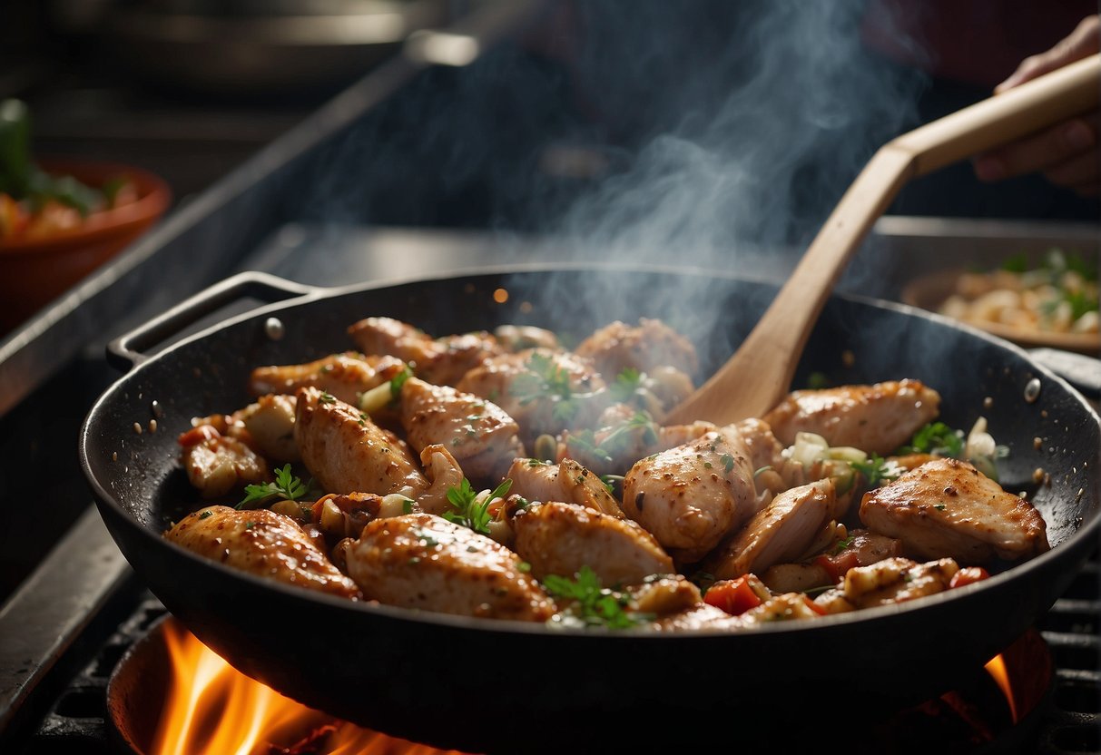 A sizzling wok tosses marinated chicken with fragrant spices and fresh herbs in a bustling Malaysian kitchen