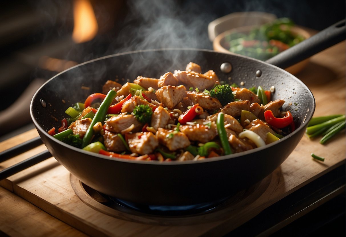 A wok sizzles with marinated chicken, stir-fried with ginger, garlic, and soy sauce. Chopped scallions and chili peppers add color and heat to the aromatic dish