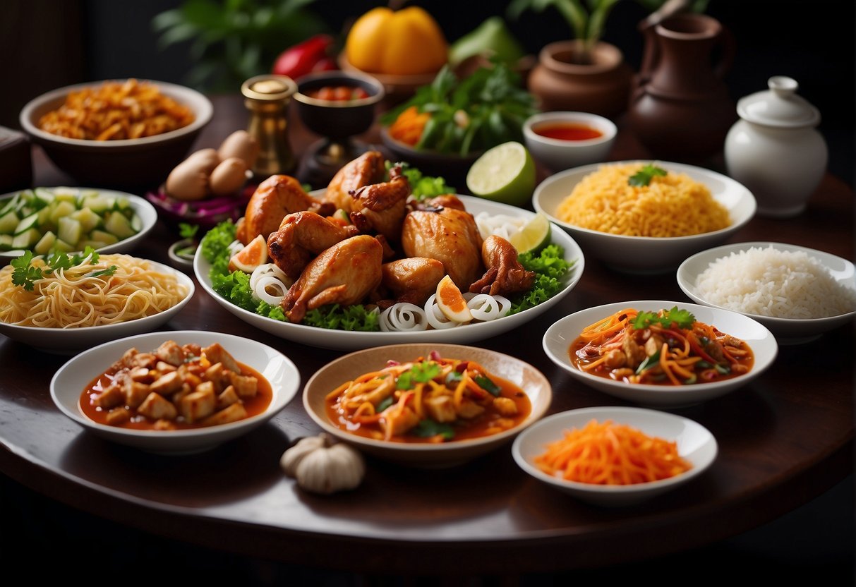A table set with various Malaysian Chinese chicken dishes, surrounded by colorful ingredients and traditional serving utensils