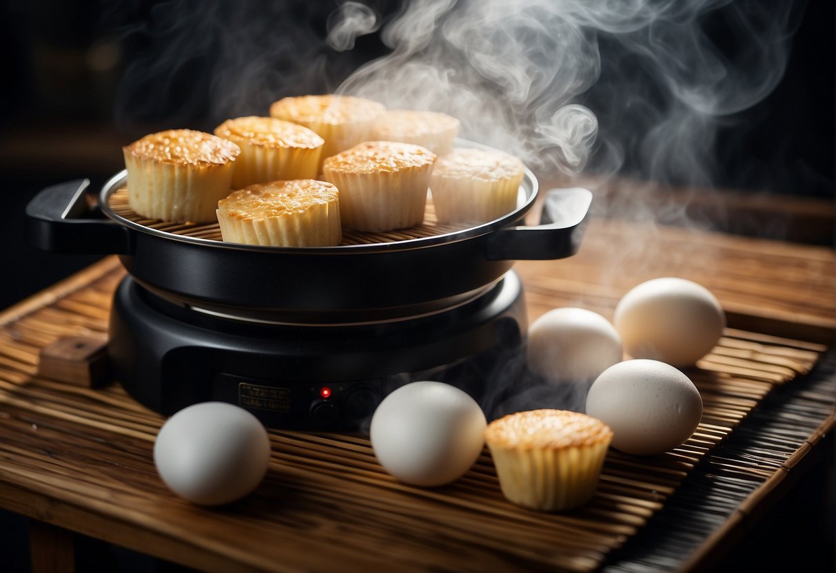 A bamboo steamer filled with Chinese egg cakes, emitting steam