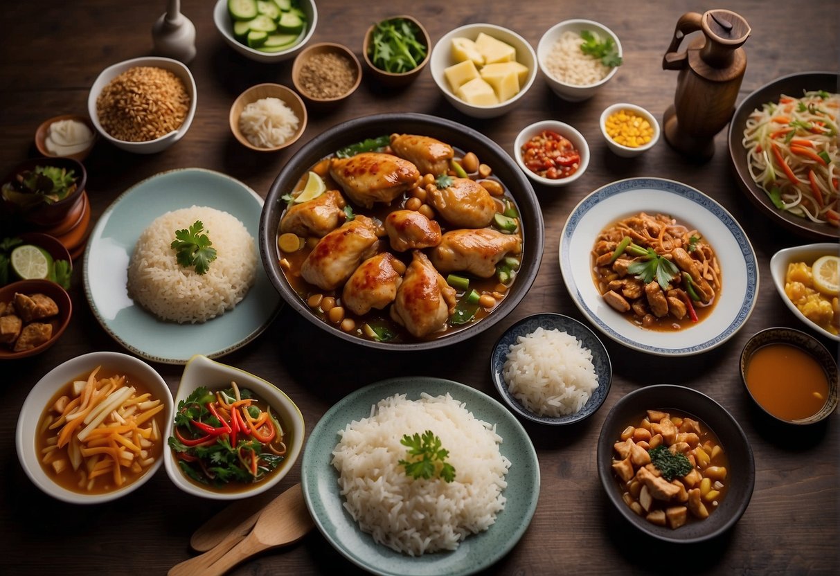 A table with various Malaysian Chinese chicken dishes, surrounded by ingredients and cooking utensils. Nutritional information labels are displayed next to each dish