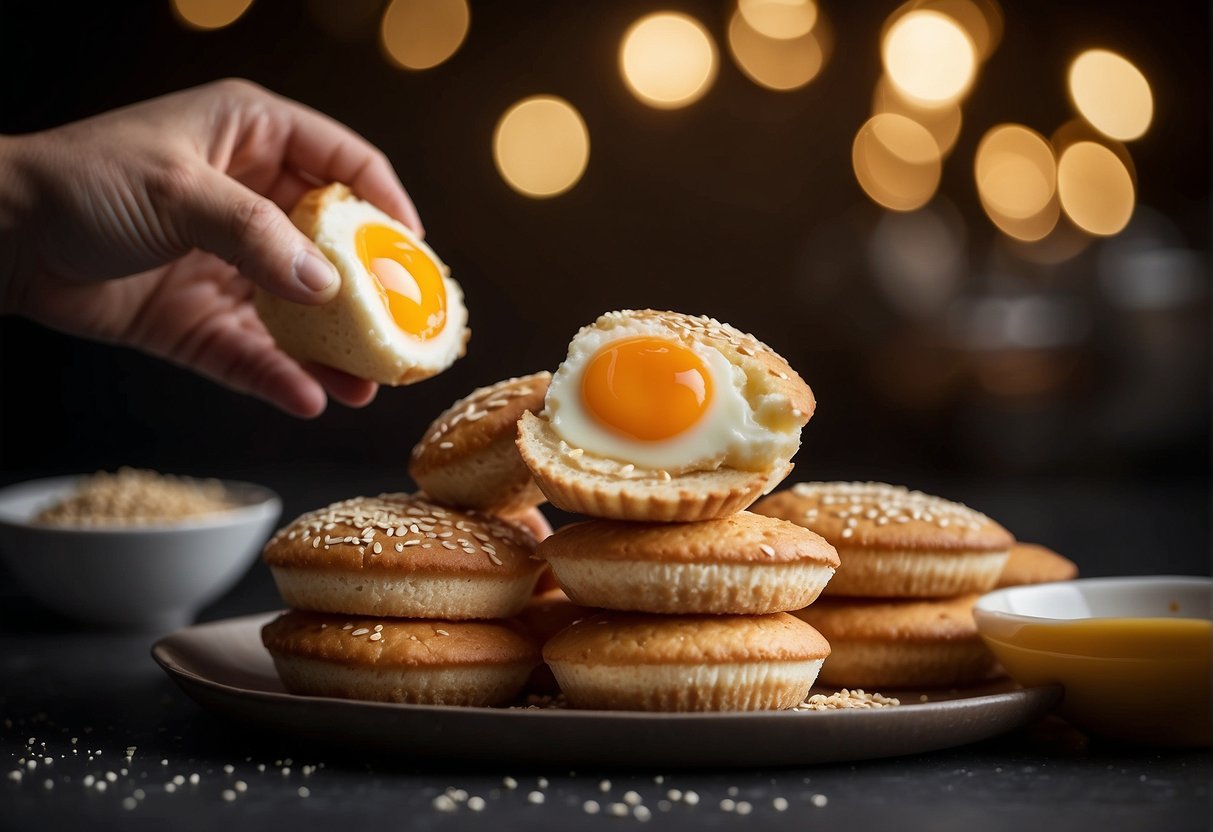 A hand placing freshly baked Chinese egg cakes onto a wire rack to cool, with a stack of cakes in the background and a jar of sesame seeds for garnish