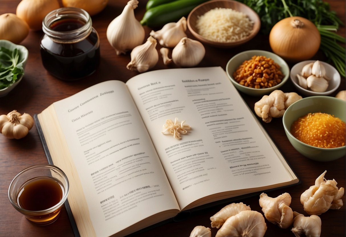 A kitchen counter with various ingredients and cooking utensils laid out, including soy sauce, ginger, garlic, and chicken pieces. A recipe book open to a page titled "Malaysian Chinese Chicken Recipes" is also visible