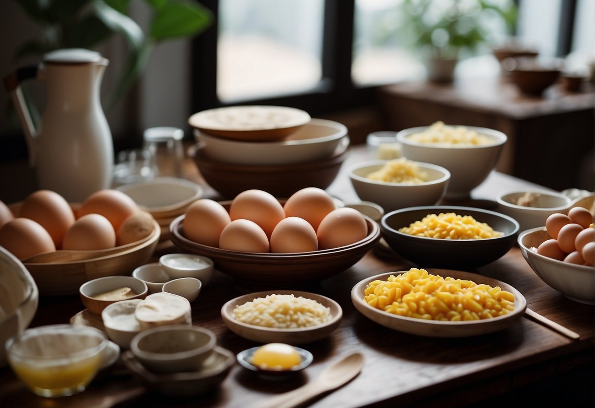 A kitchen counter with ingredients and utensils laid out for making Chinese egg cakes