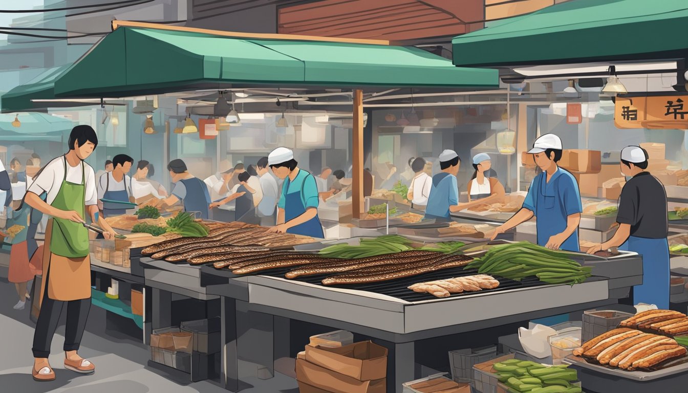 A bustling Singapore market sells fresh unagi, with vendors grilling and customers selecting the eel