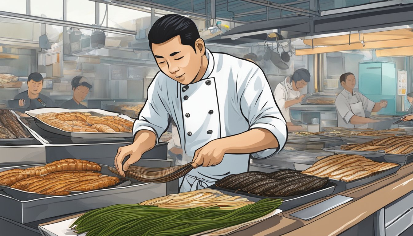 A bustling Singapore market stall showcases fresh unagi, with a chef expertly preparing the eel for eager customers