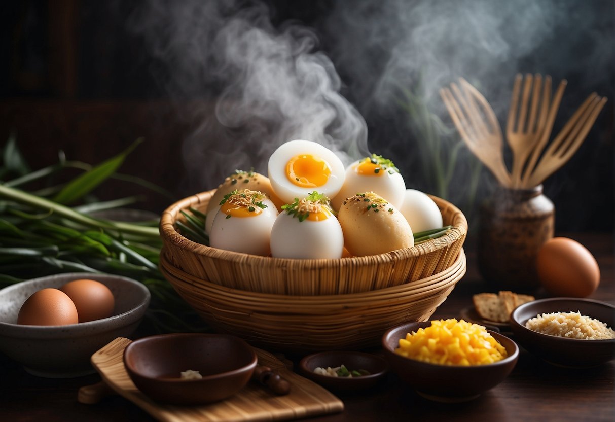 A steaming bamboo basket holds Chinese egg cakes, surrounded by traditional cooking utensils and ingredients