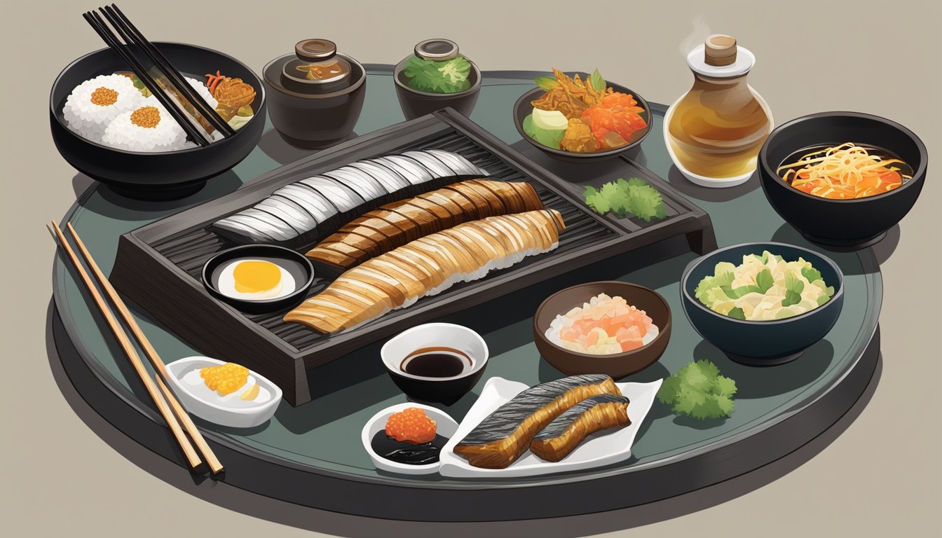 A table set with a steaming plate of grilled unagi, surrounded by a variety of traditional Japanese condiments and a pair of chopsticks