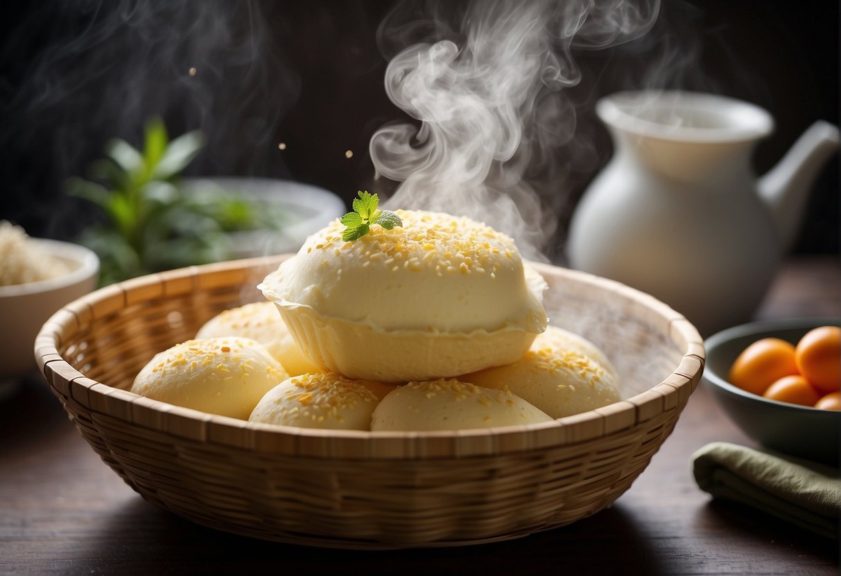 A steaming bamboo basket filled with essential ingredients for Chinese egg cake recipe, including flour, eggs, and milk, with potential substitutes nearby