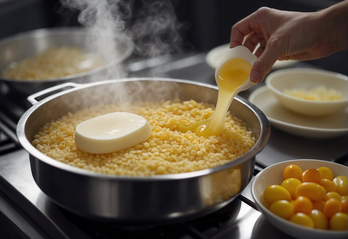 A steamer is filled with water and brought to a boil. Ingredients for Chinese egg cake are measured and mixed in a bowl. The batter is poured into individual molds and placed in the steamer