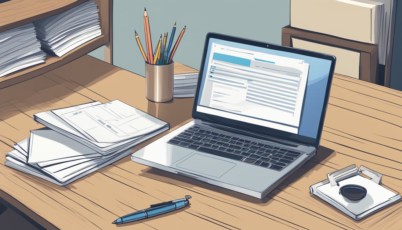 A table with a laptop, a stack of papers, and a pen. A sign with "Frequently Asked Questions buy unagi singapore" on the wall