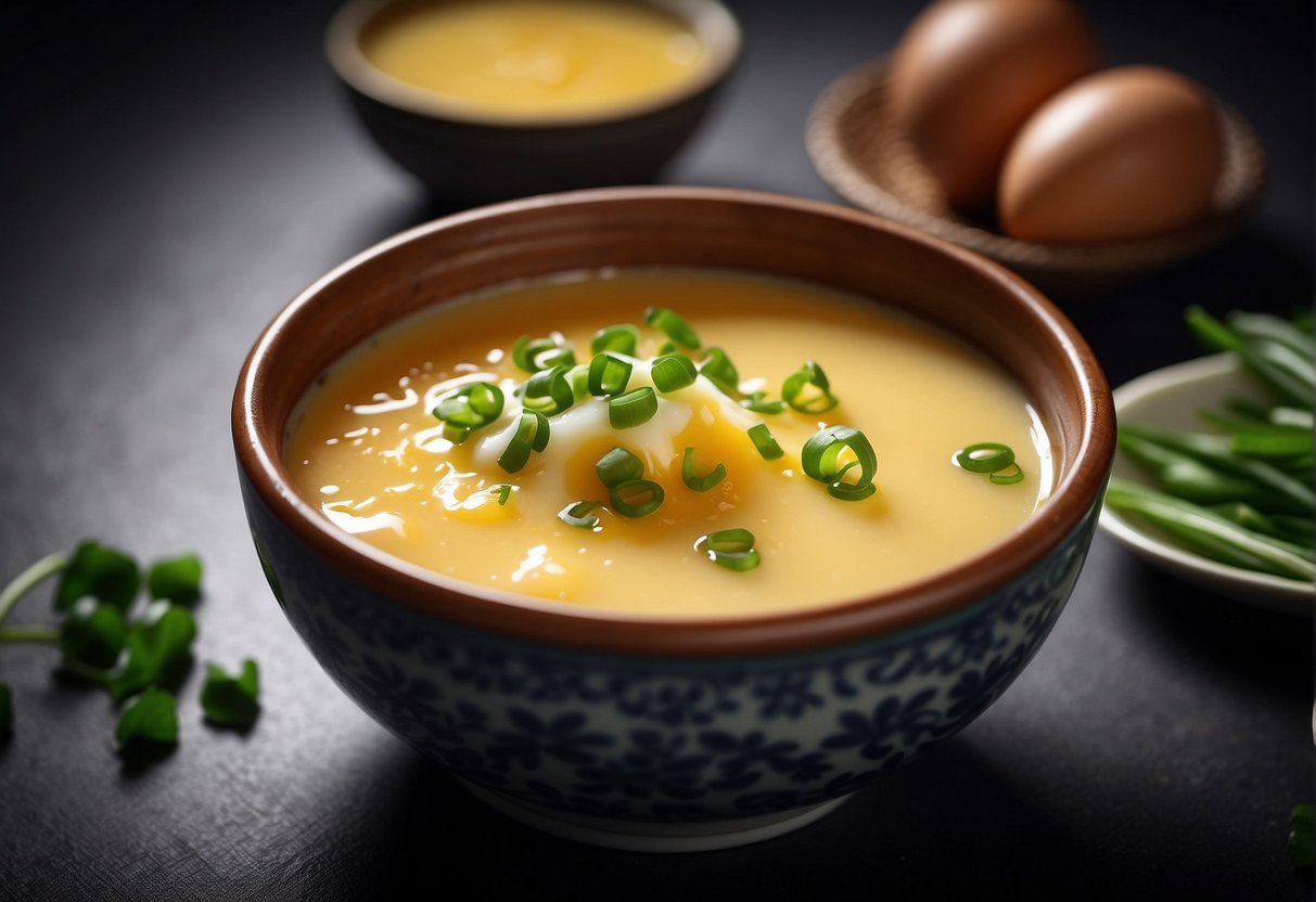 A steaming hot Chinese egg custard sits in a small ceramic dish, garnished with a sprinkle of chopped green onions and a drizzle of soy sauce