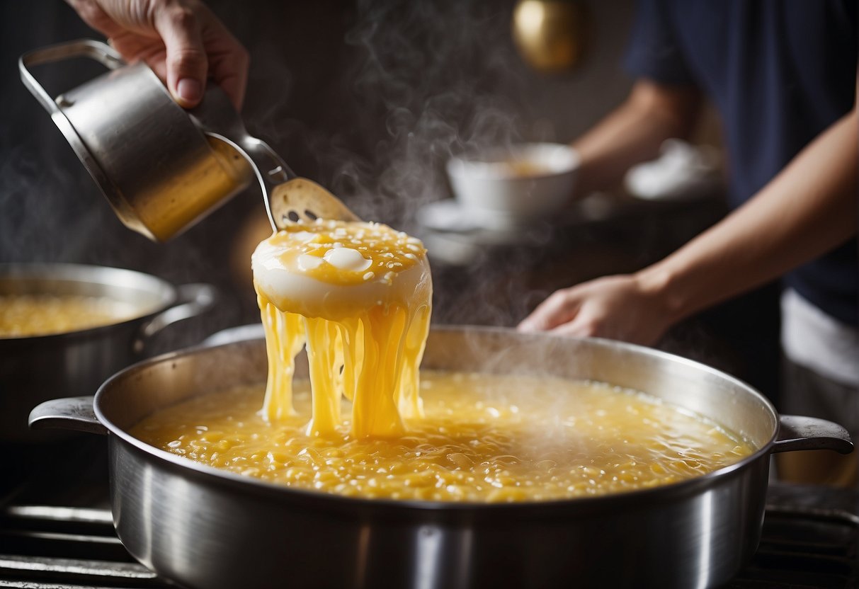 Chinese egg cake batter being poured into steamers, emitting a fragrant aroma as it cooks. Traditional ingredients and utensils surround the process