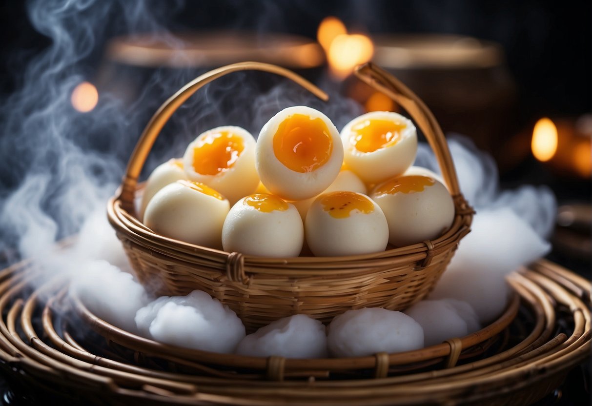 A steaming bamboo basket filled with Chinese egg cakes, surrounded by a cloud of steam