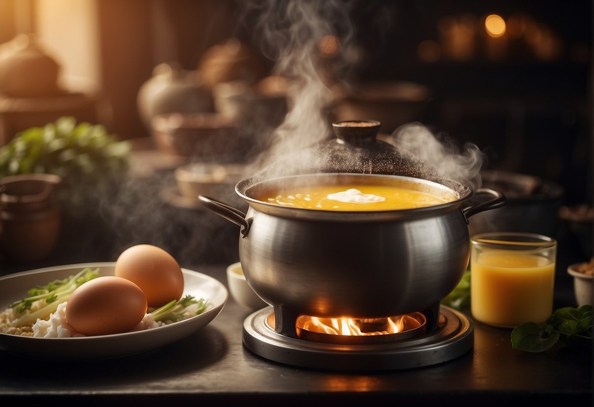 A steaming pot of egg custard sits on a traditional Chinese stove, surrounded by ingredients like eggs, milk, and sugar. The aroma of the sweet dessert fills the air