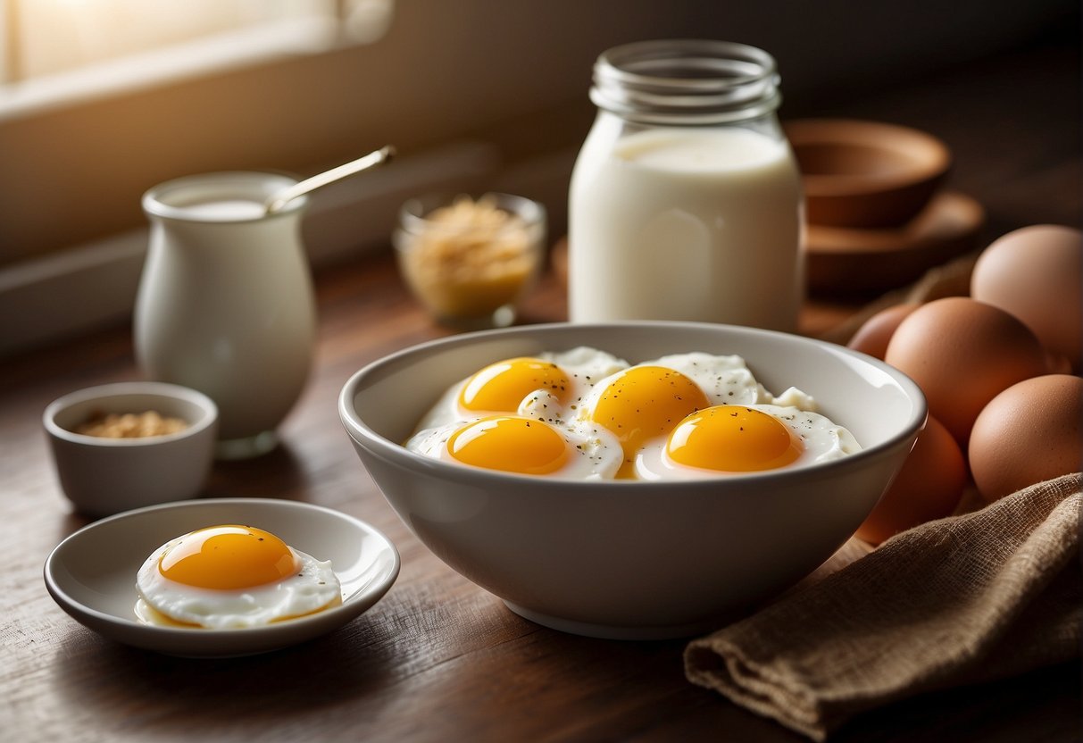 A bowl of eggs, milk, and sugar sits on a kitchen counter. Beside it are vanilla extract and a can of evaporated milk