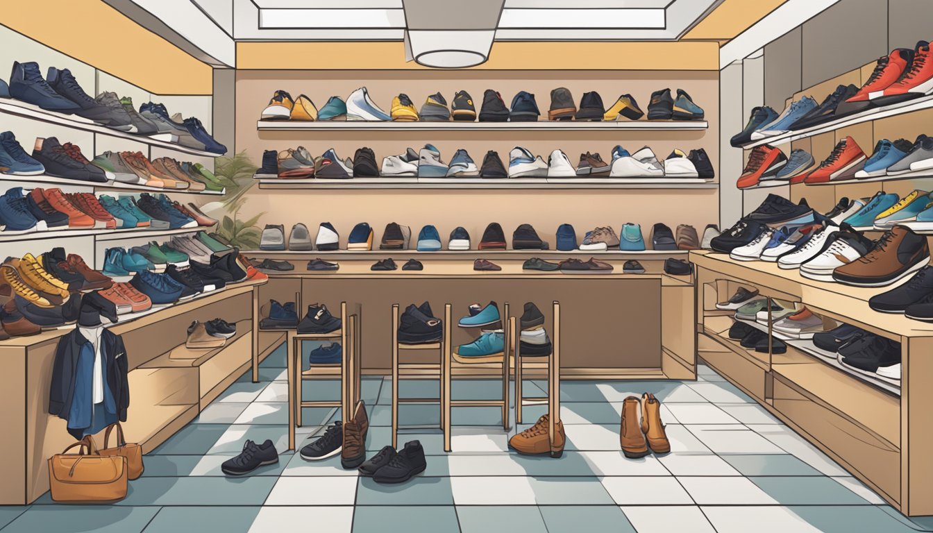 A bustling shoe store in Singapore displays a variety of MLB footwear, with customers browsing and asking questions to the attentive staff